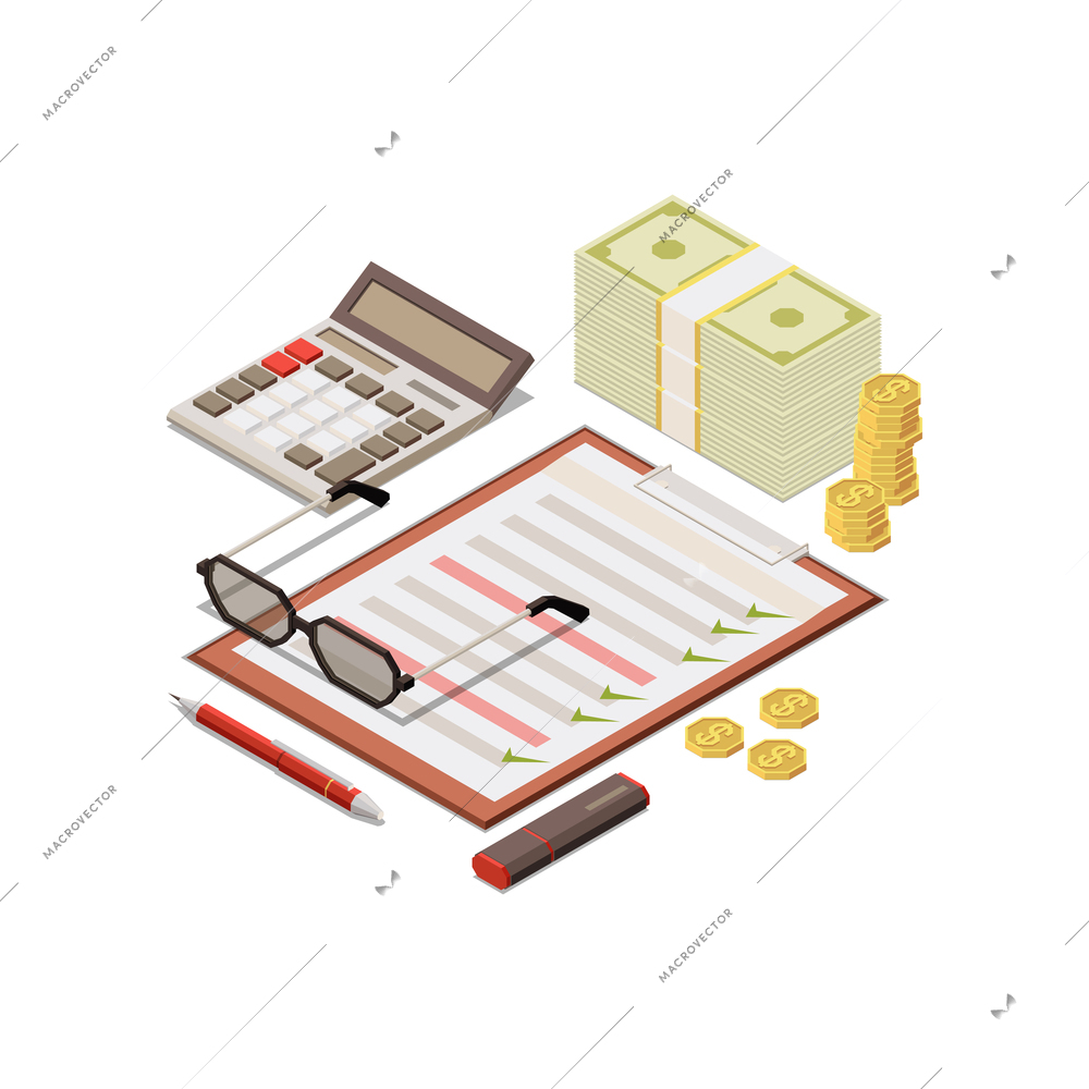 Isometric business personal items composition with calculator money glasses to do list 3d vector illustration
