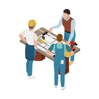 Group of architects discussing construction project 3d isometric vector illustration