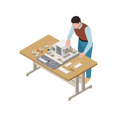 Architect working with house model on desk 3d isometric vector illustration