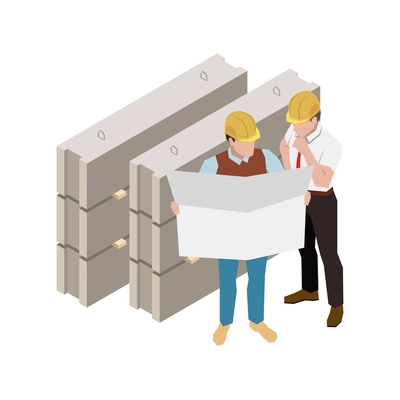Two architects looking at plan on construction site 3d isometric vector illustration