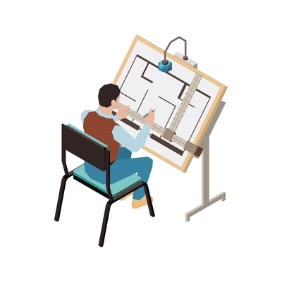 Isometric icon with male architect working on draft 3d vector illustration