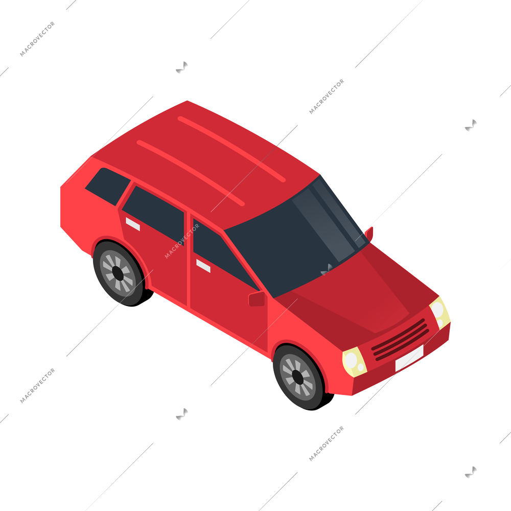 Isometric icon with red four door automobile 3d vector illustration