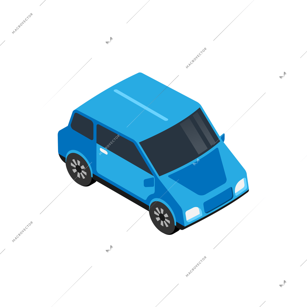 Front view of two door blue passenger automobile 3d isometric vector illustration