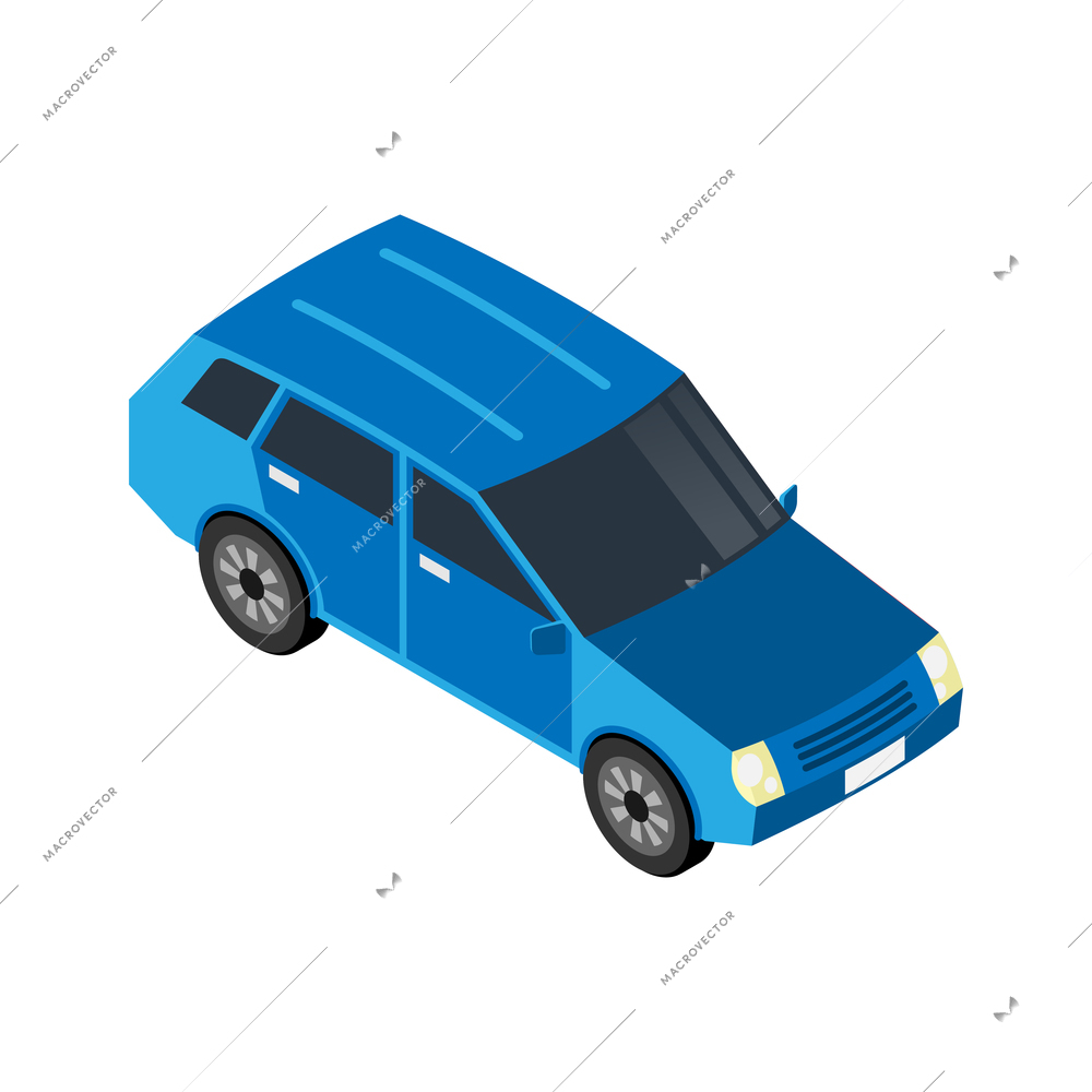 Front view blue passenger car on white background 3d isometric vector illustration