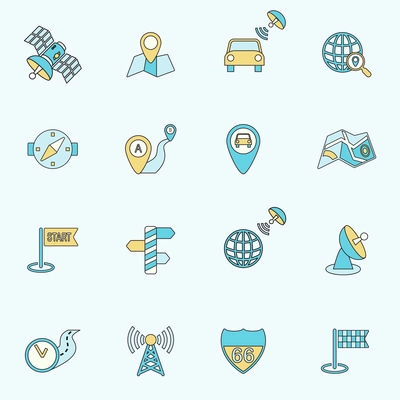 Mobile gps street navigation and travel flat line icons set isolated vector illustration.