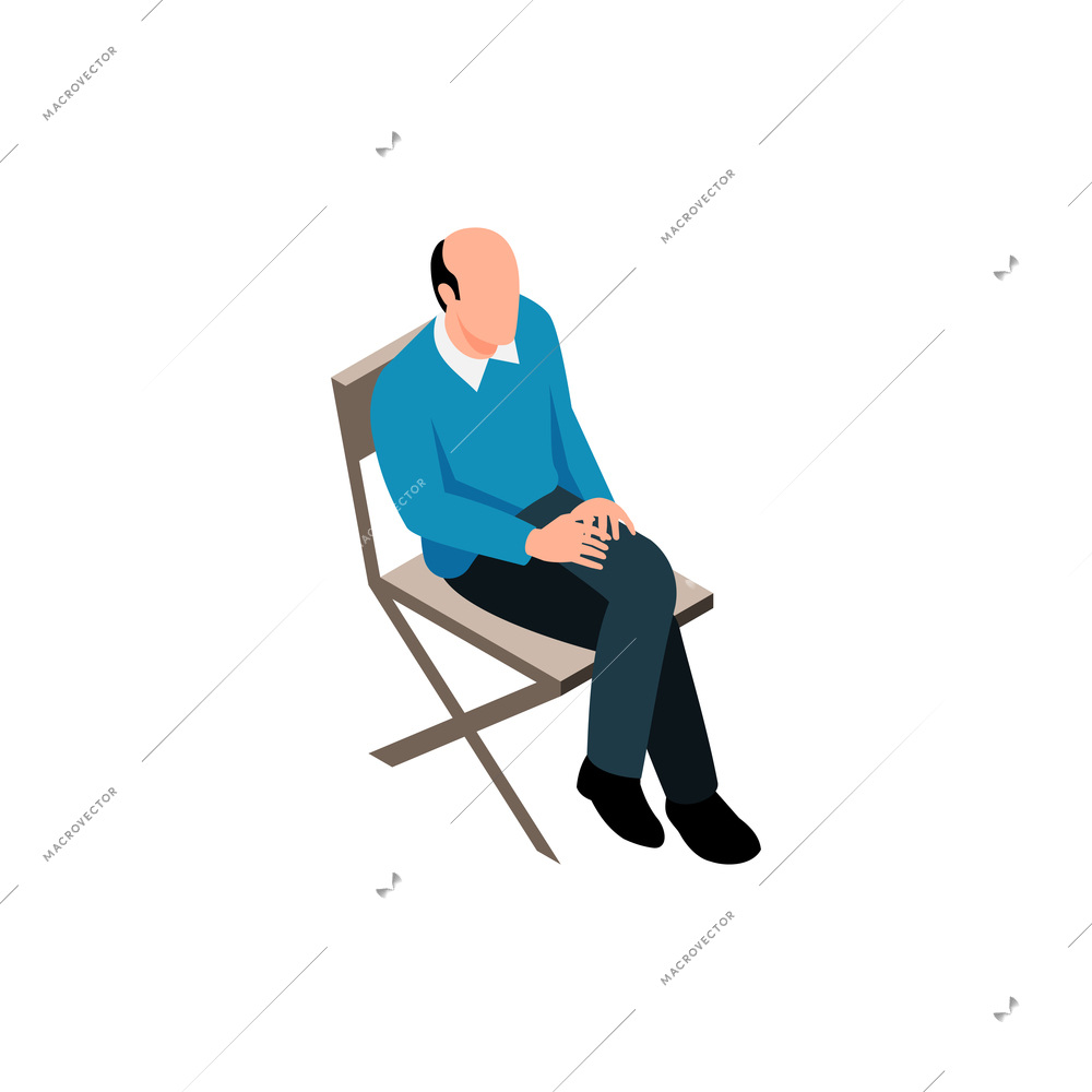 Male human character sitting on plastic folded chair 3d isometric vector illustration