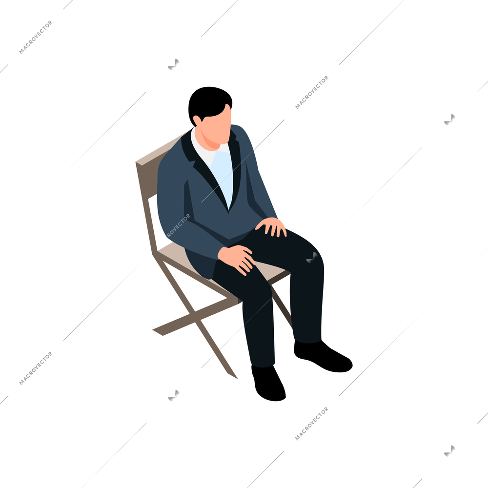 Isometric design icon with front view of man sitting on folded chair 3d vector illustration