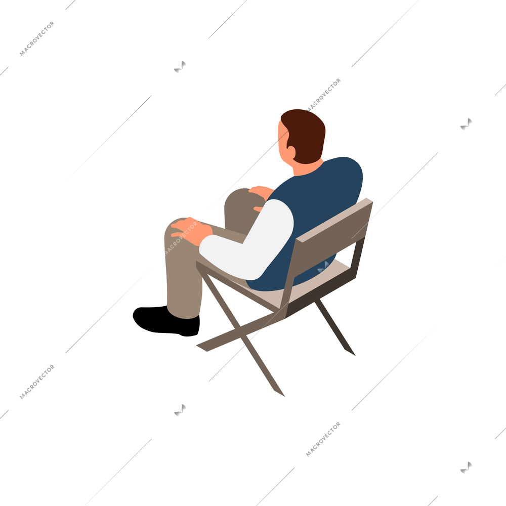 Isometric icon with person on folded chair 3d vector illustration