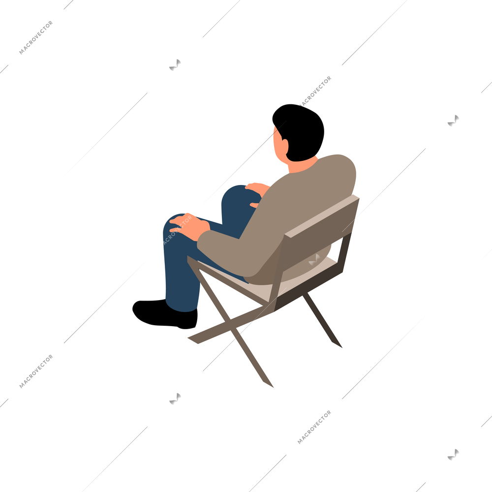 Back view of man sitting on portable chair on white background 3d isometric vector illustration