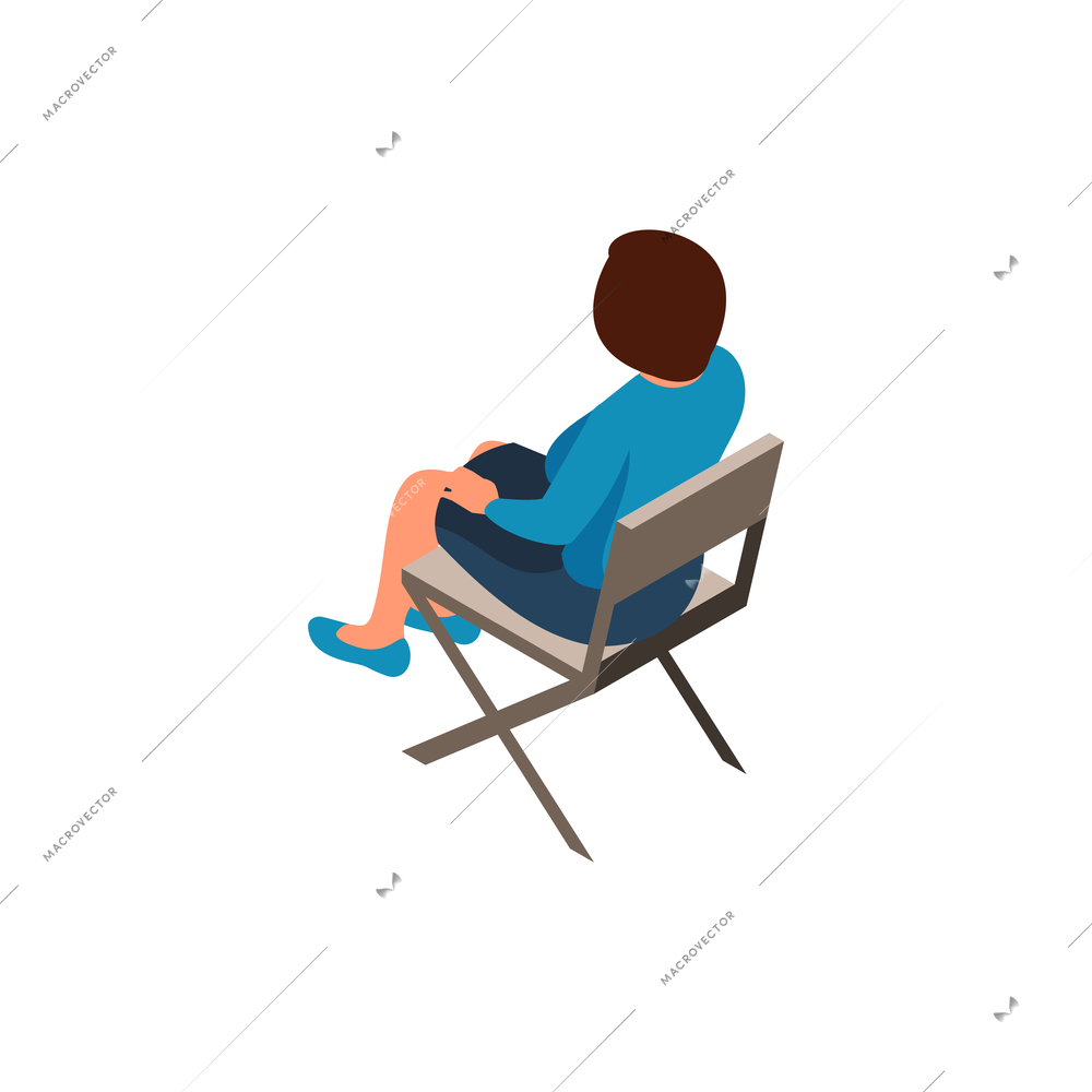 Isometric icon with woman in blue sweater sitting on folded chair 3d vector illustration