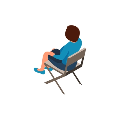 Isometric icon with woman in blue sweater sitting on folded chair 3d vector illustration