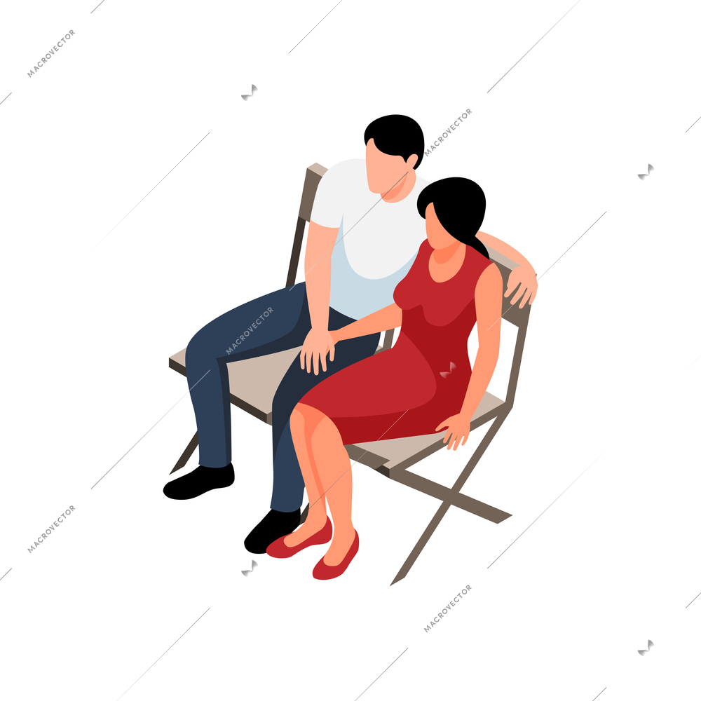 Isometric icon with couple sitting on folded chairs 3d vector illustration