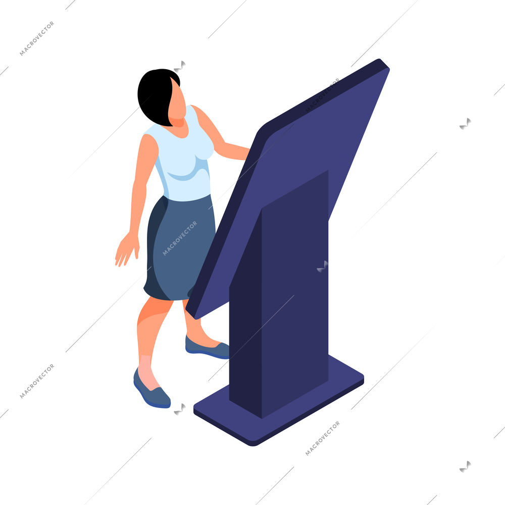Woman standing in front of touch screen kiosk 3d isometric vector illustration