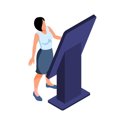 Woman standing in front of touch screen kiosk 3d isometric vector illustration