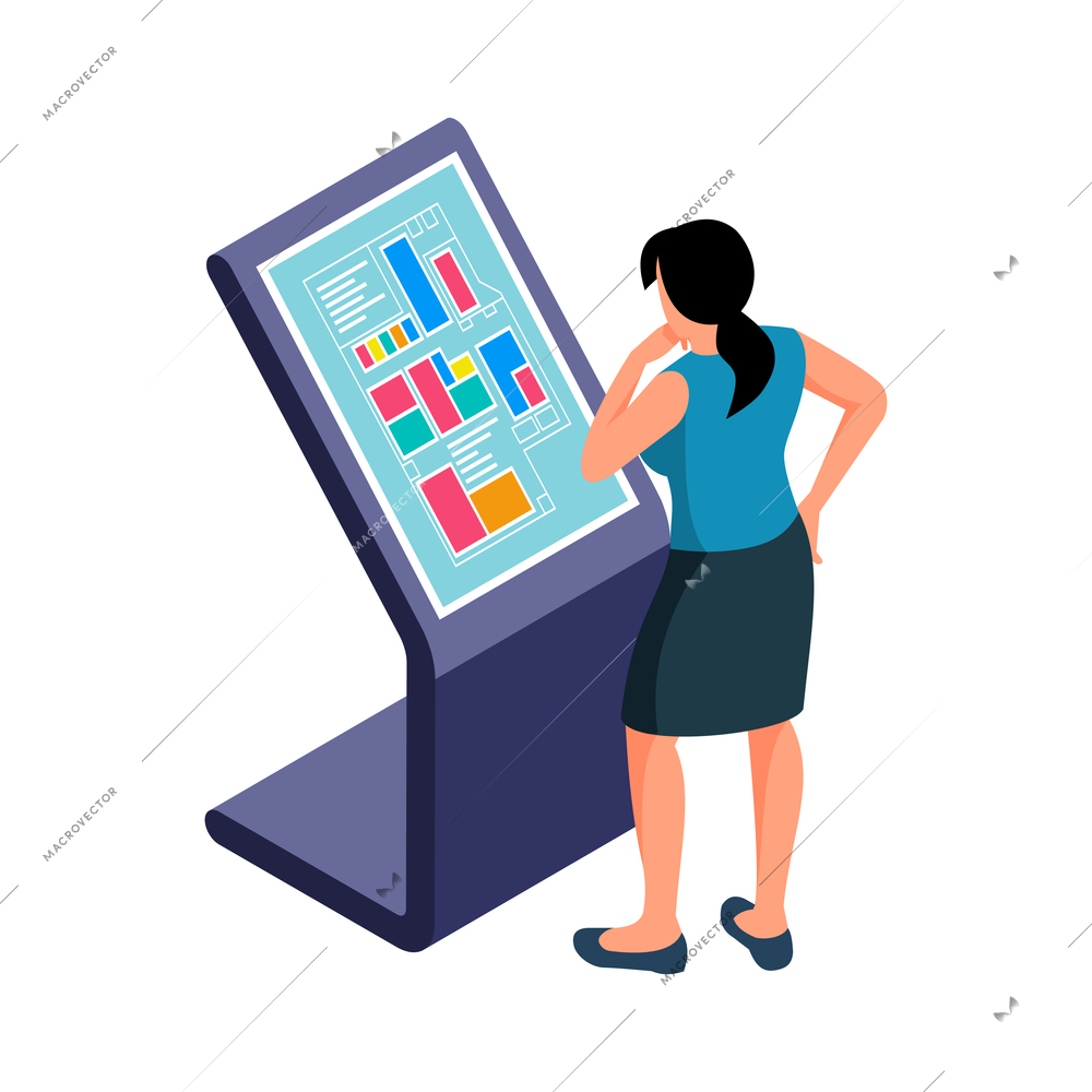 Woman looking at screen of interactive touch screen panel 3d isometric vector illustration