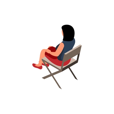 Isometric icon with woman sitting on folded chair 3d vector illustration