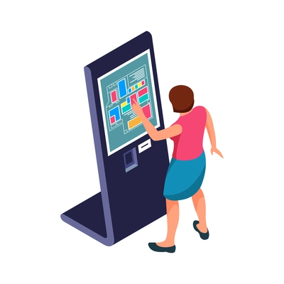 Isometric icon with user of touch screen interactive panel in store 3d vector illustration