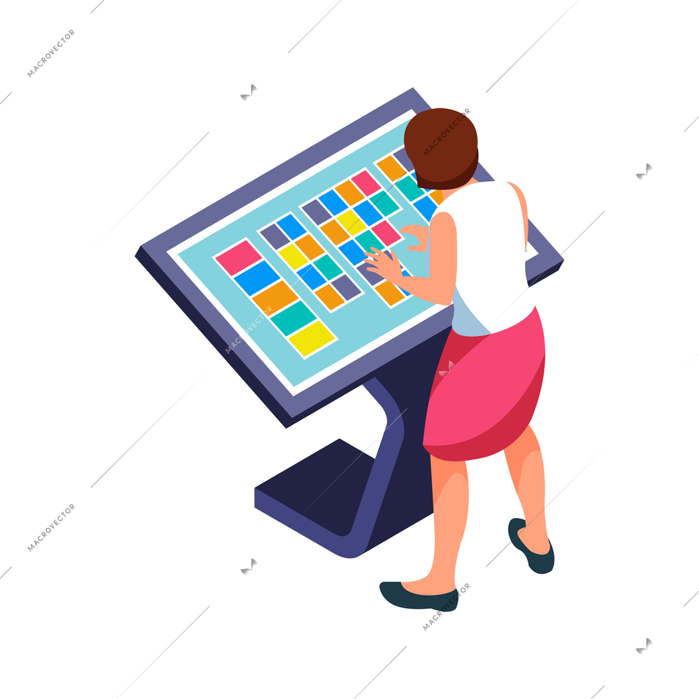 Isometric icon with human character touching interactive panel 3d vector illustration