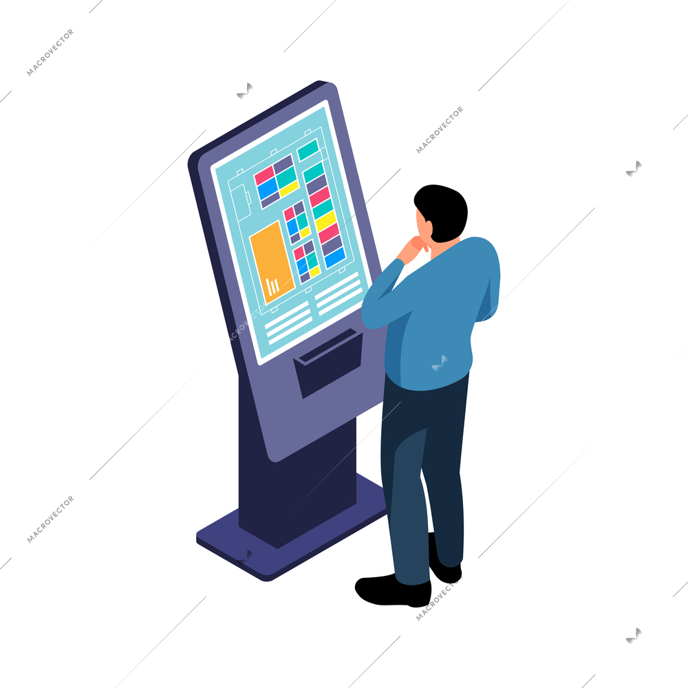 Isometric icon with man using self service interactive terminal 3d vector illustration