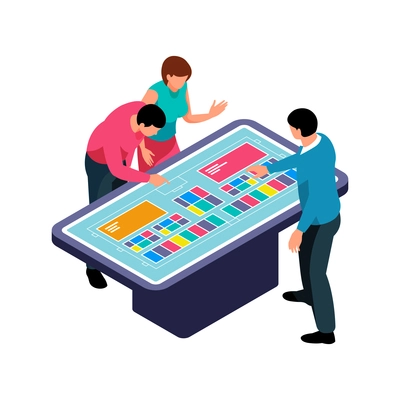 People reading info on big interactive panel in mall 3d isometric vector illustration