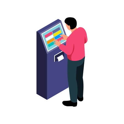 Man using touch screen terminal on white background 3d isometric vector illustration