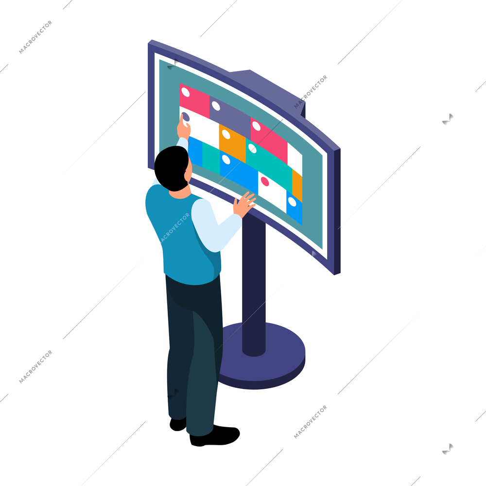 Person standing at big display of interactive information panel 3d isometric vector illustration