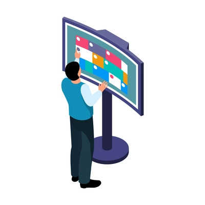 Person standing at big display of interactive information panel 3d isometric vector illustration