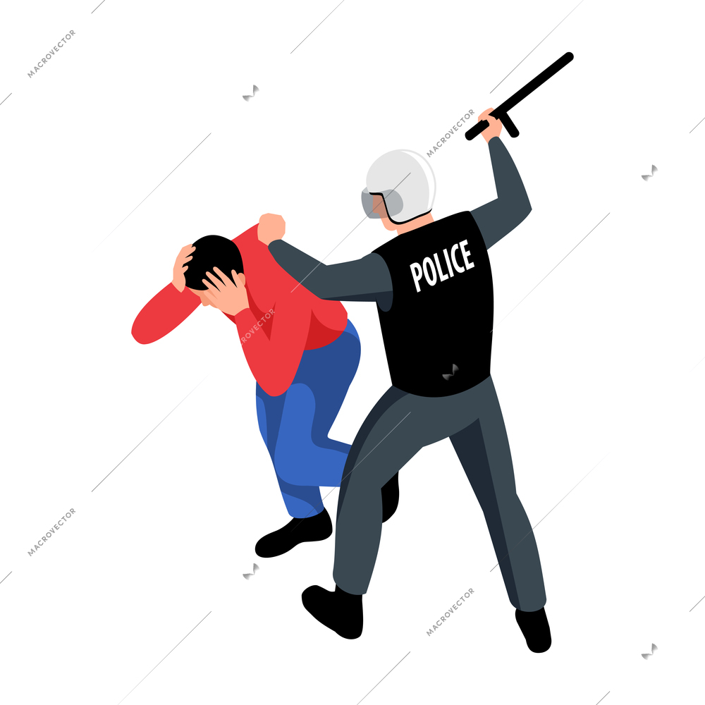 Policeman beating arrested man with baton 3d isometric icon vector illustration