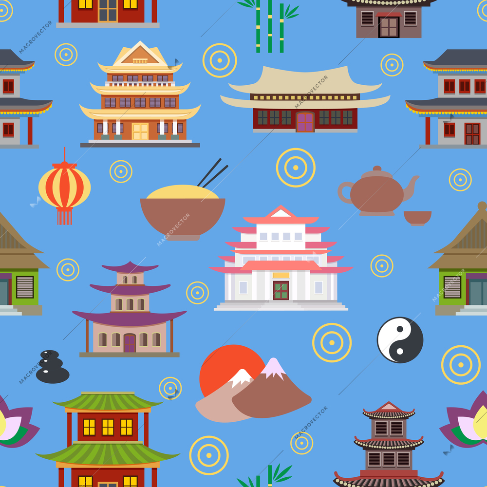 Chinese house and traditional culture symbols seamless pattern vector illustration