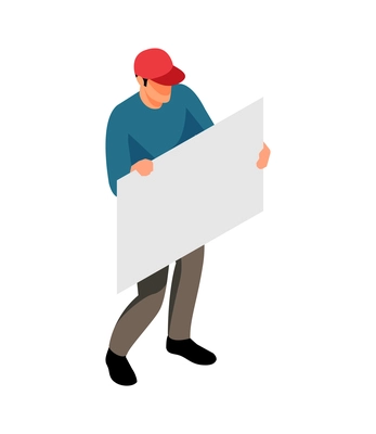 Isometric icon of man with white blank poster 3d vector illustration