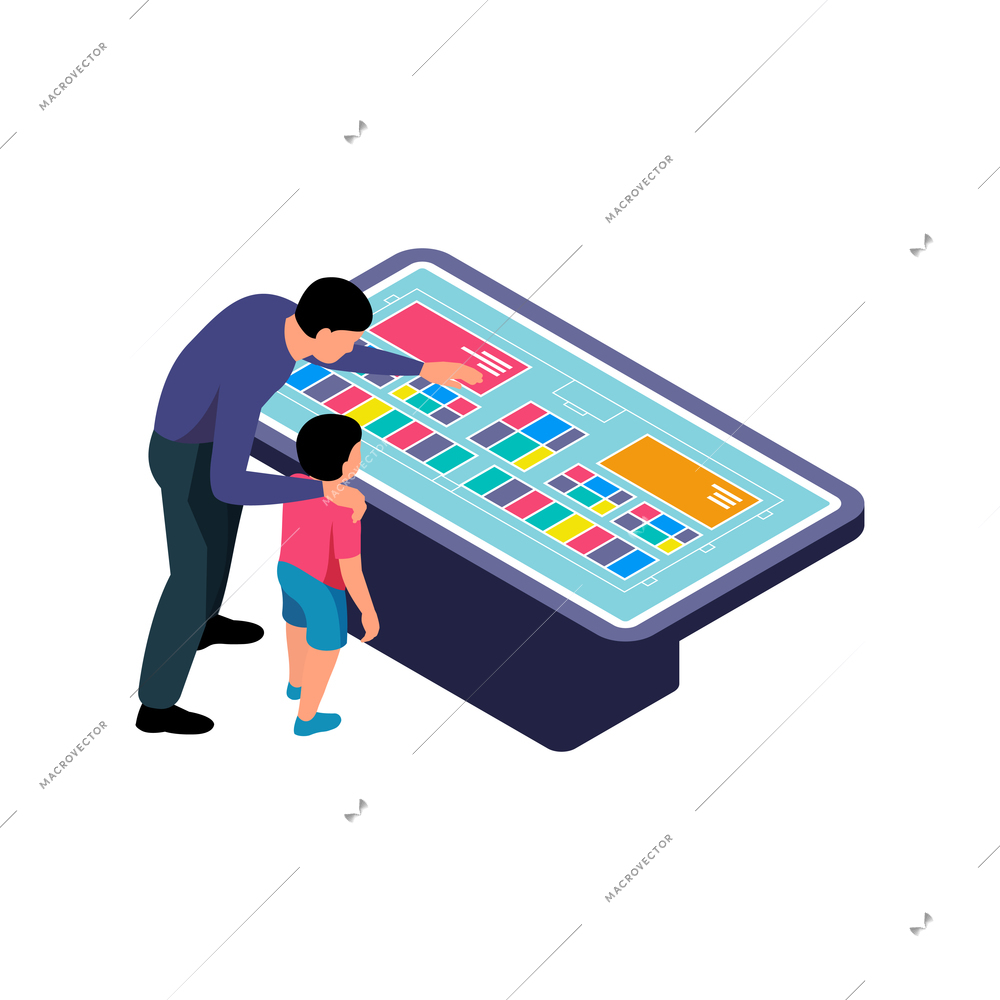 Isometric icon with man and child looking for information on interactive panel 3d vector illustration