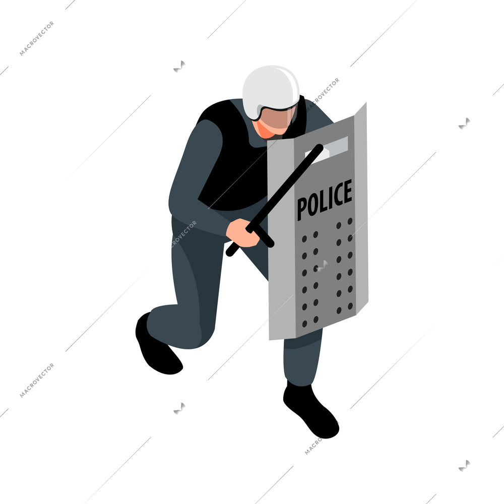 Isometric icon with police officer in helmet holding shielf and baton 3d vector illustration