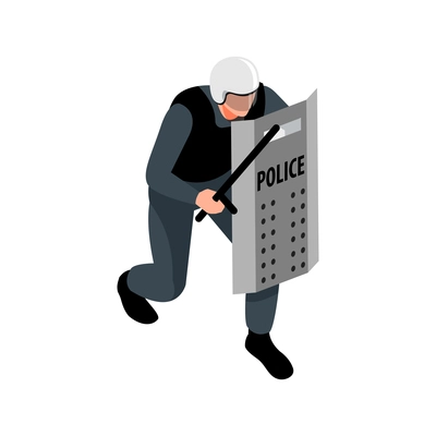 Isometric icon with police officer in helmet holding shielf and baton 3d vector illustration