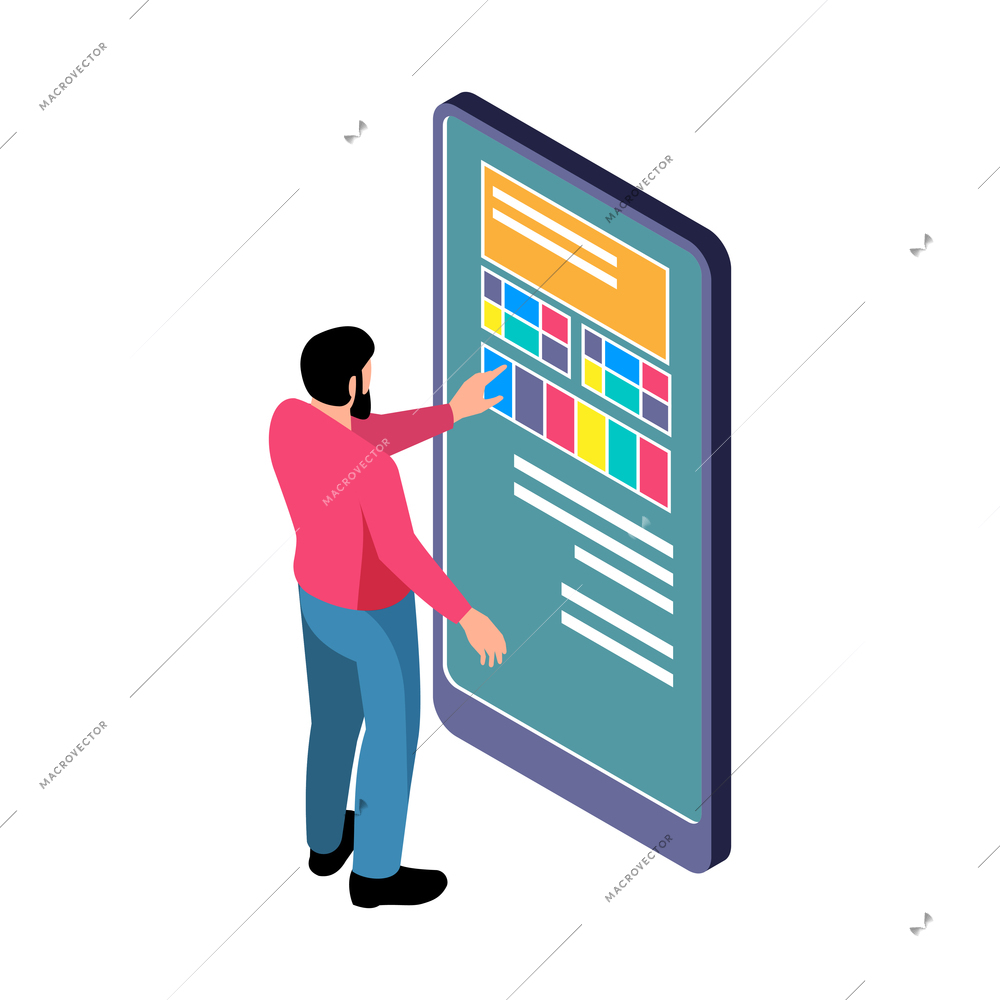 Human character using touch screen information panel 3d isometric vector illustration