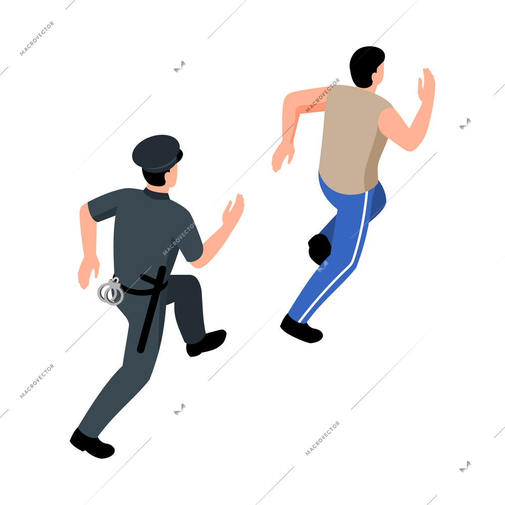 Police officer in black uniform chasing after criminal 3d isometric vector illustration