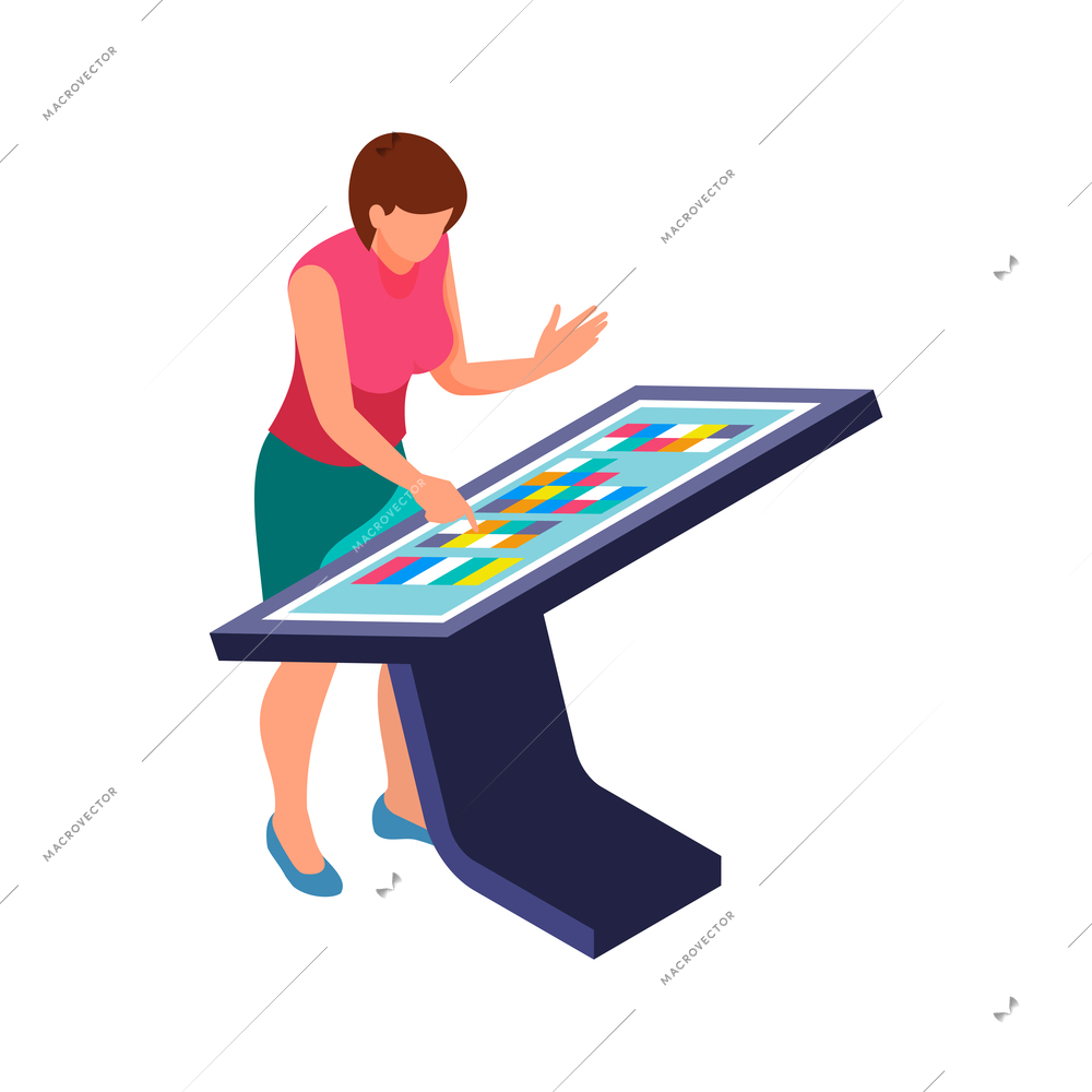 Woman using colorful interactive panel 3d isometric vector illustration