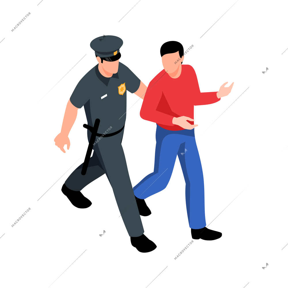 Isometric policeman going with arrested man 3d vector illustration