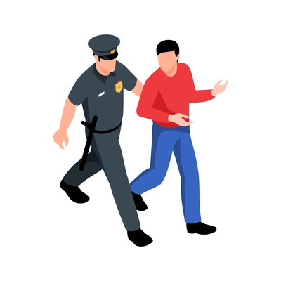 Isometric policeman going with arrested man 3d vector illustration
