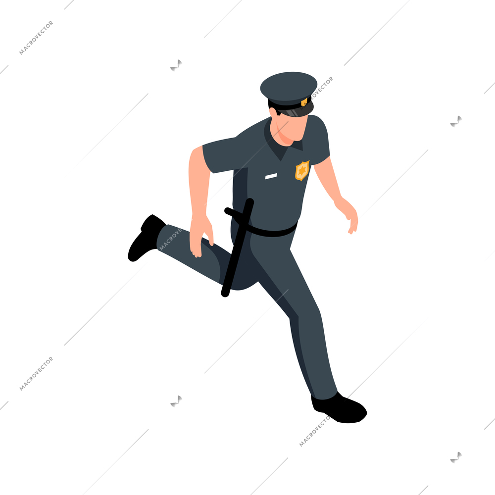 Isometric icon with running male police officer 3d vector illustration