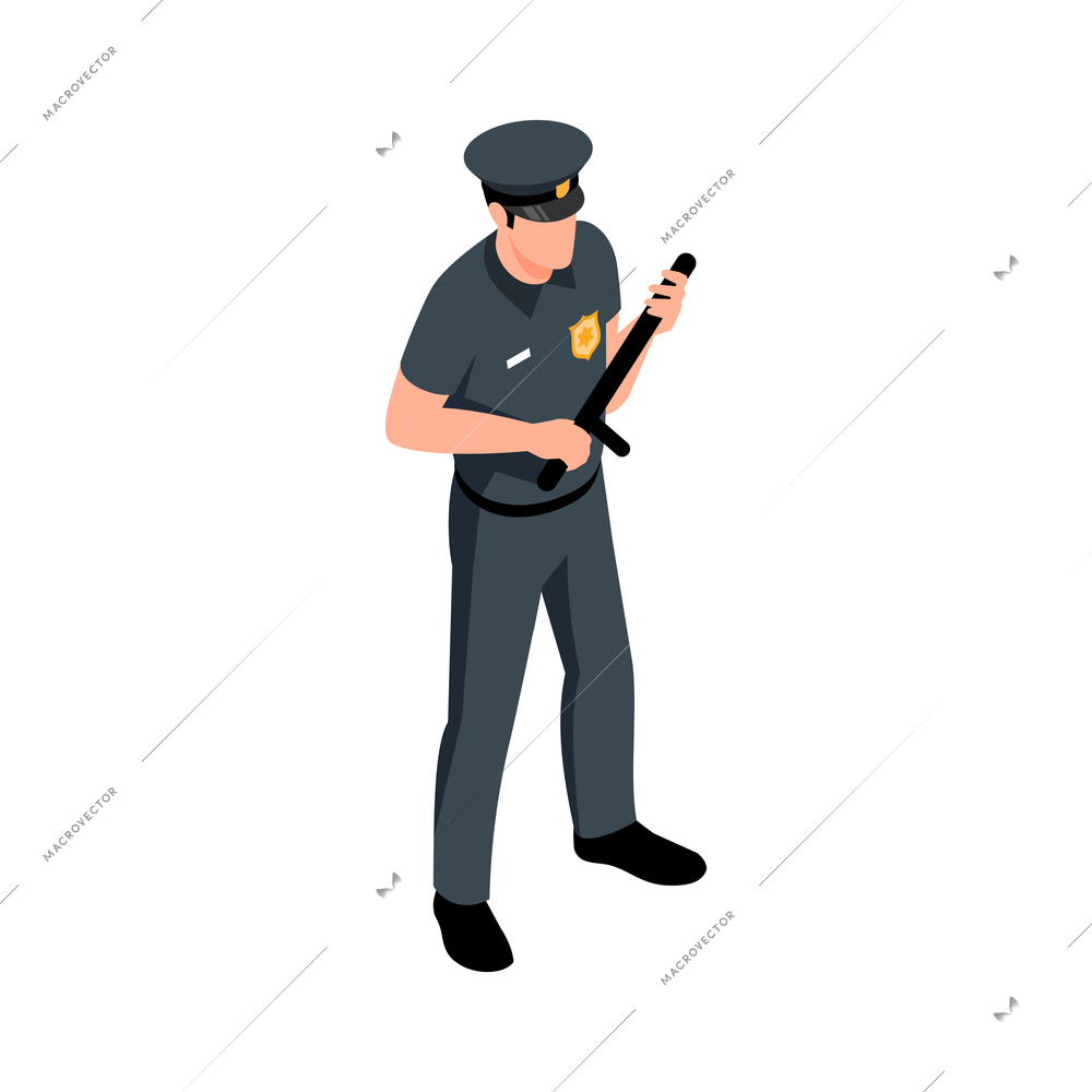 Isometric character of male police officer with baton in hands 3d vector illustration