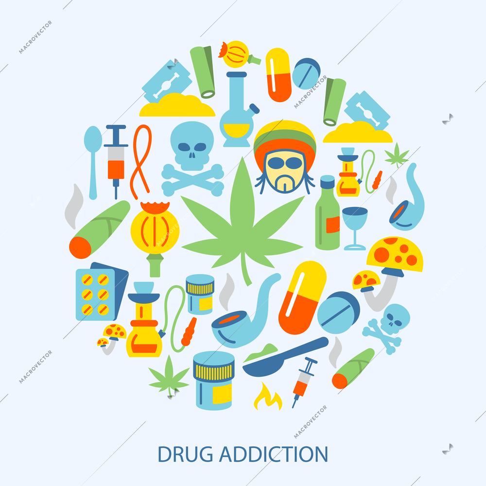 Abuse addictive poison mushroom drugs decorative icons flat set vector illustration