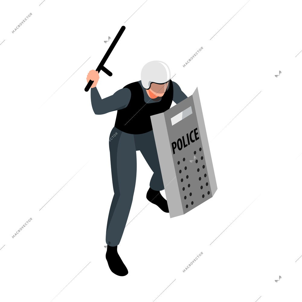 Policeman with baton and shield isometric icon on white background 3d vector illustration