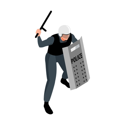 Policeman with baton and shield isometric icon on white background 3d vector illustration