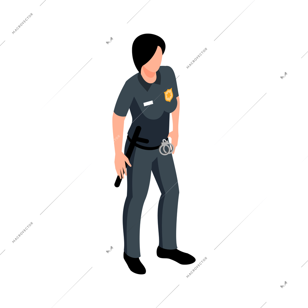 Female police office with baton and cuffs 3d isometric vector illustration