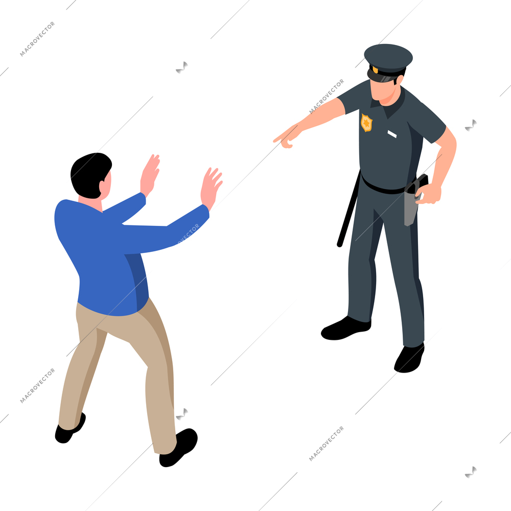Policeman arresting person with raised hands 3d isometric vector illustration