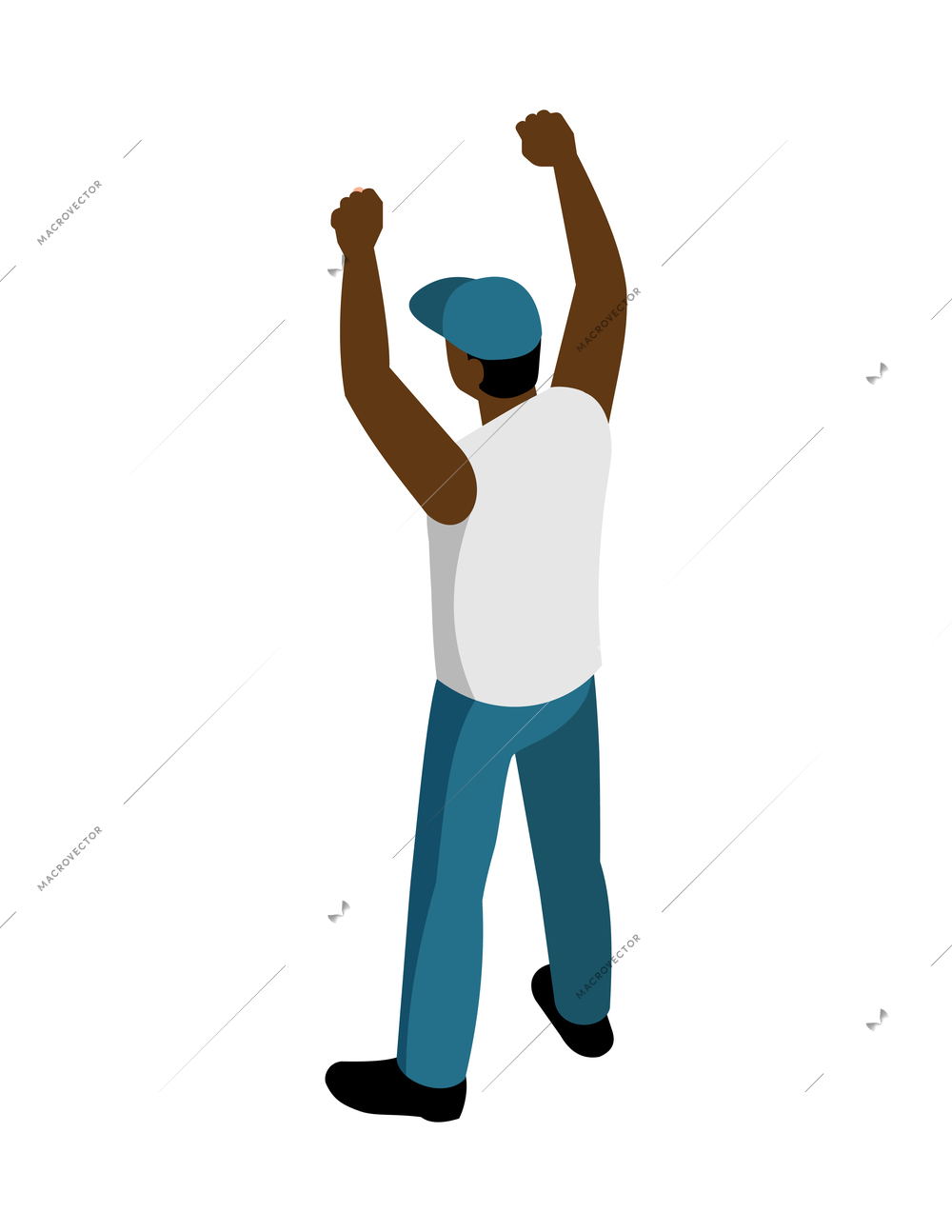Isometric icon of man protester with raised hands on white background 3d vector illustration