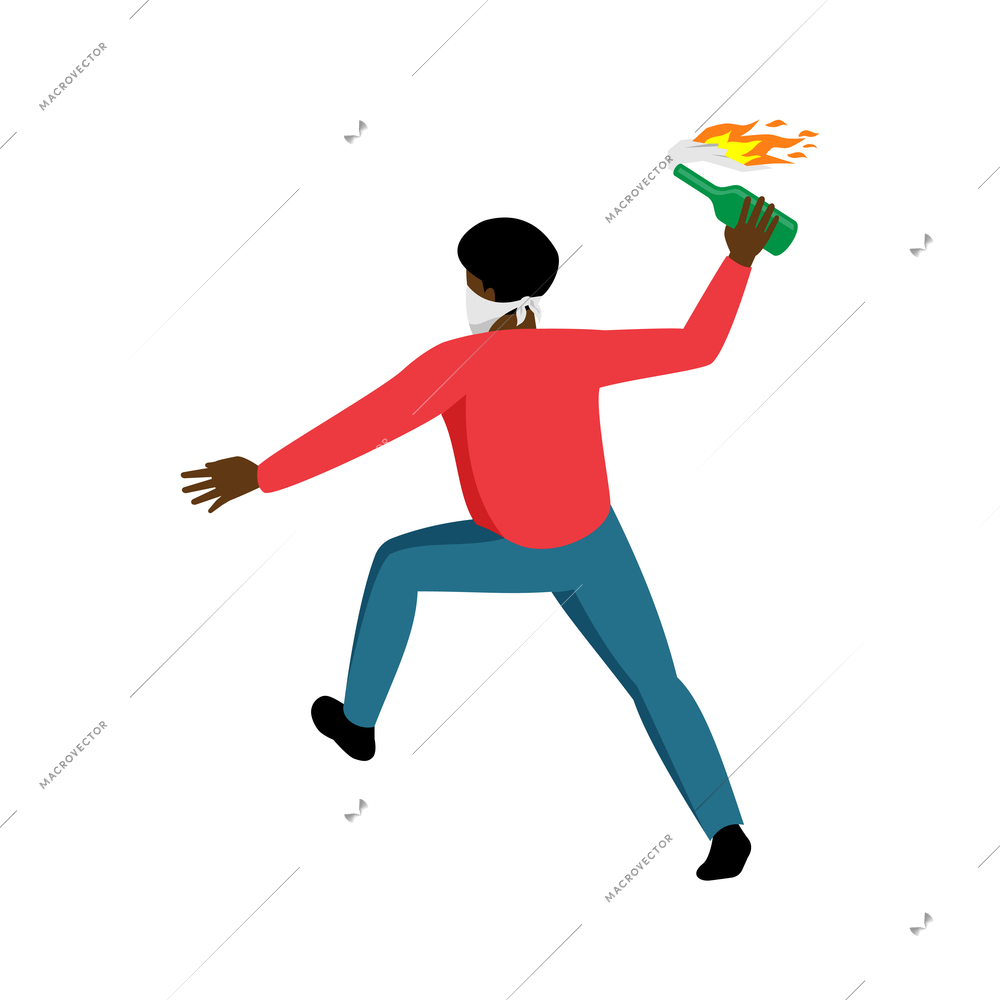 Protest action participant with mask and molotov cocktail in hand 3d isometric vector illustration