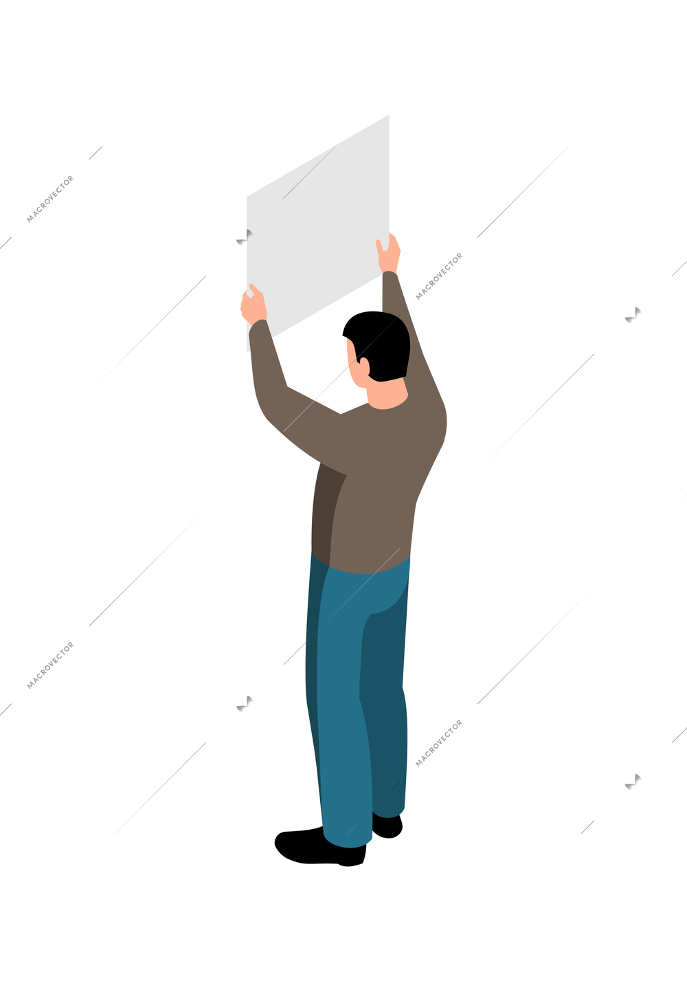 Isometric mass street protest icon with man holding poster above his head 3d vector illustration