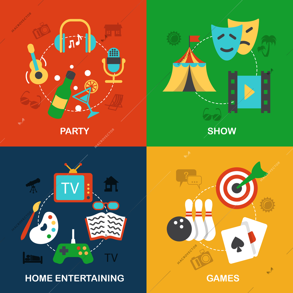 Entertainment flat icon composition set isolated vector illustration