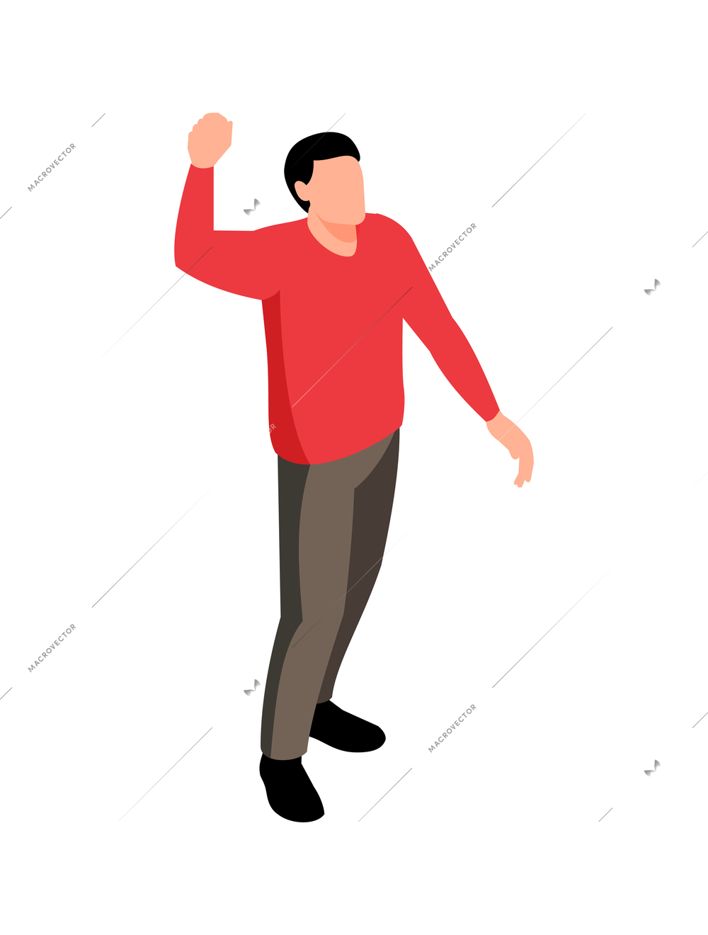 Male activist with raised hand on white background 3d isometric vector illustration